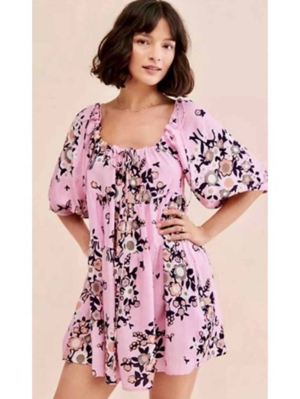 Kinga Csilla Anthropologie Lennon Liberty Pink Floral Babydoll Mini Dress Sz XS
